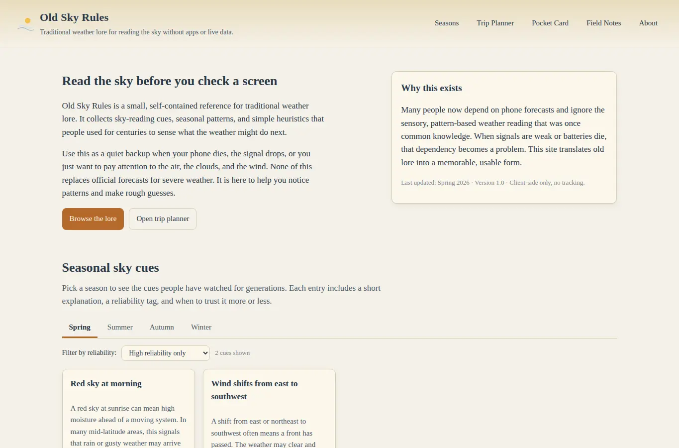 Screenshot of Old Sky Rules interface showing the project page in use